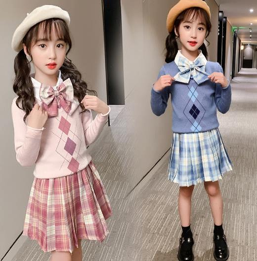 春新作 チェック柄 伸縮性短いスカート シンプル トップ+短いスカート かわいい 長袖 韓国子供服