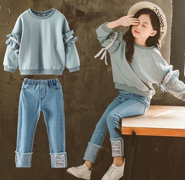 秋冬新作 韓国風赤ちゃん服 セットアップ うしろ帯 長袖 上下仕掛ける プルオーバー ジーンズズボン下 長ズボン 好いたらしい