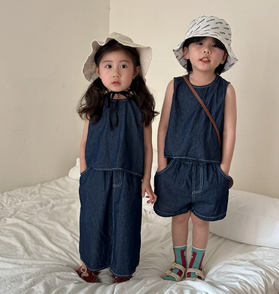 夏新作 韓国風子供服 キッズ服 ベビー服 ベスト デニム セットアップ 兄妹服 姉弟服