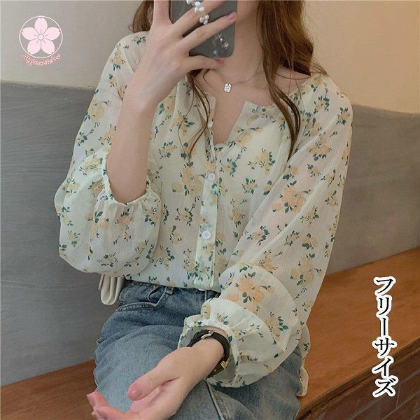 秋新品 ブラウス レディース シフォン 花柄 vネック 長袖 韓国風 白シャツ フォーマル トップス|ドレミファソラ・ねこ