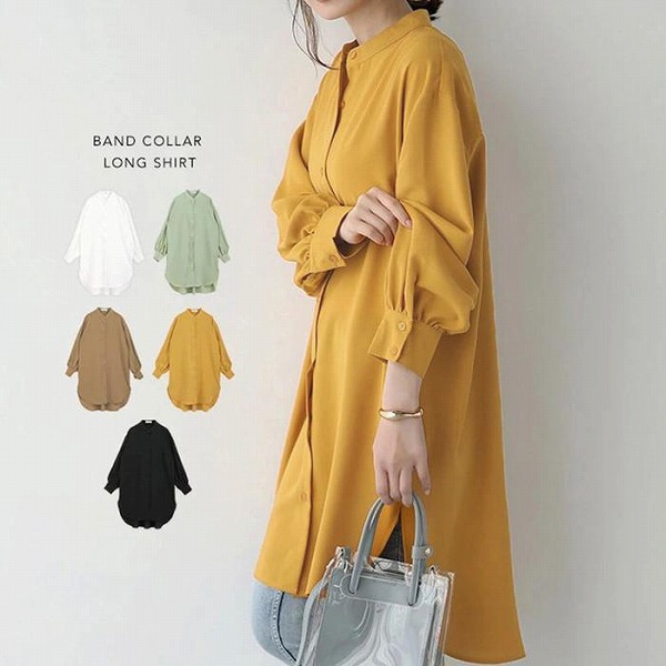 秋新品 ブラウス チュニック ワンピース レディース バンドカラー チュニックブラウス ロングシャツ