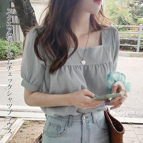 夏服 シャツブラウス チェックシャツ ギンガムチェック 半袖 スクエア襟 レディース
