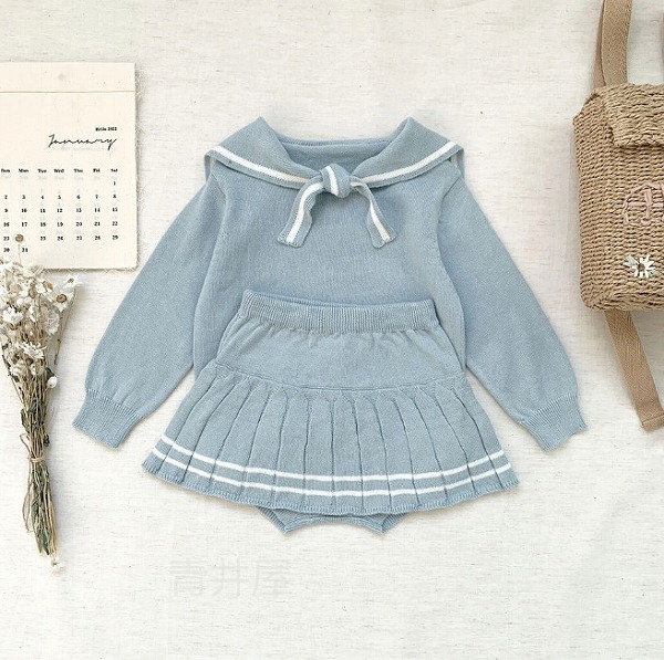 22新作 乳飲み子 ベビー服 もの言う花装置 服 編み物 セットアップ ジレー ブルーマース ズボン下 綿織物 綿