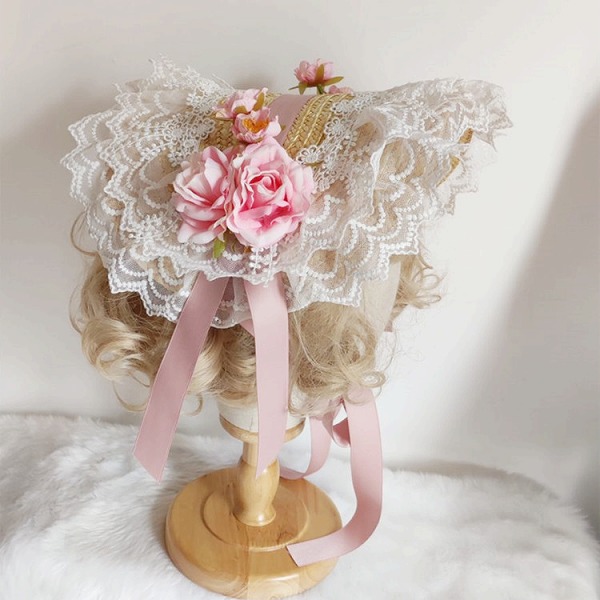ティーパーティー 大人も子供 ロリータ ヘアアクセサリー ストローハット帽子 リボン レース造花