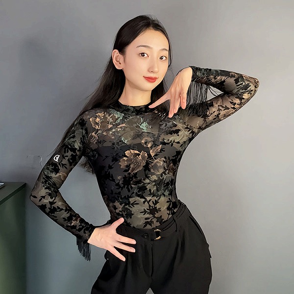 ダンスウェア ヨガ バレエ 体操 ラテン ベリーダンス 社交ダンス 花柄 タッセル 連体服 上着