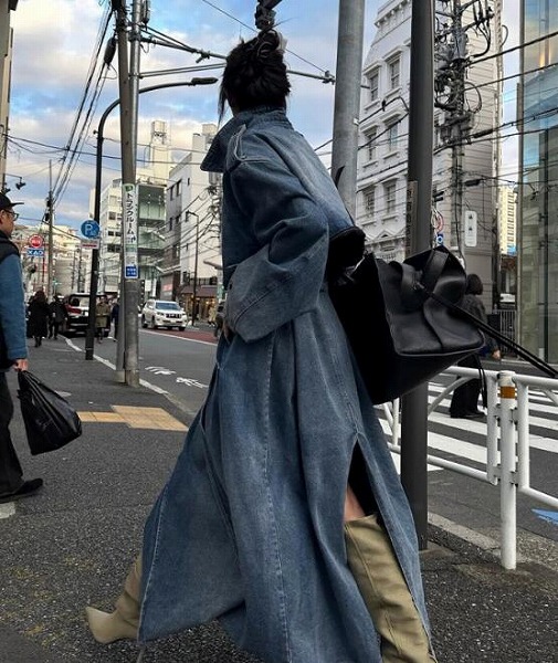 INS レディース秋冬新作 韓国ファッション トップス・おしゃれ デニム中長コート|ドレミファソラ・ねこ