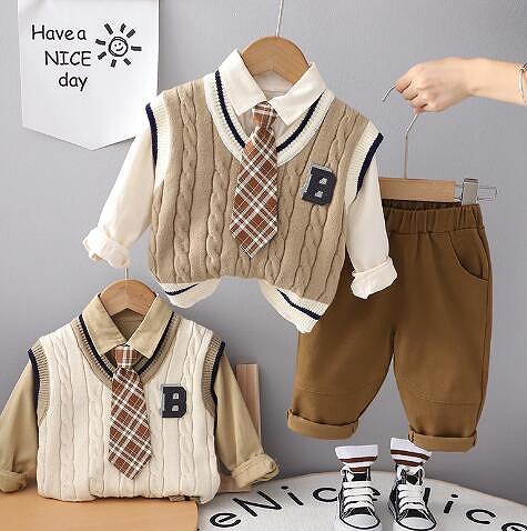 新品　子供服 トップス　ニットベスト+シャツ＋ロングパンツ　　3点セット　2色　80-120CM