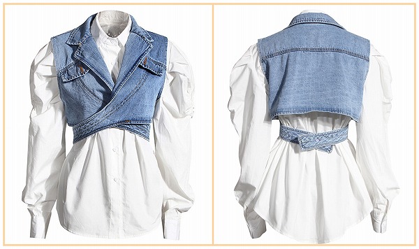 韓国ファッションオシャ レ不規則ブラウス+デニムベスト2点セット春新作