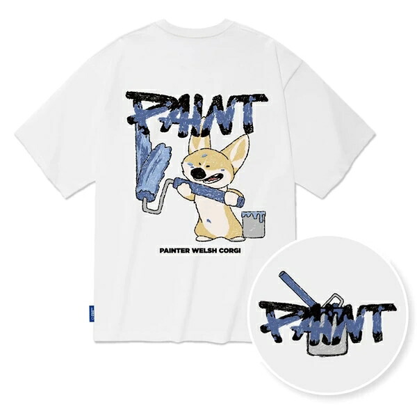 ペイントコーギーイラストTシャツ メンズ 半袖 韓国製 綿100% カジュアル おしゃれ かわいい ユニーク スタイリッシュ デニム パンツ コーデ 春夏 新作 個性的｜ドレミファソラ・ねこ