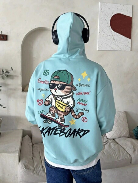 裏起毛！BOARDキャットイラストフーディー メンズファッション-トップス
