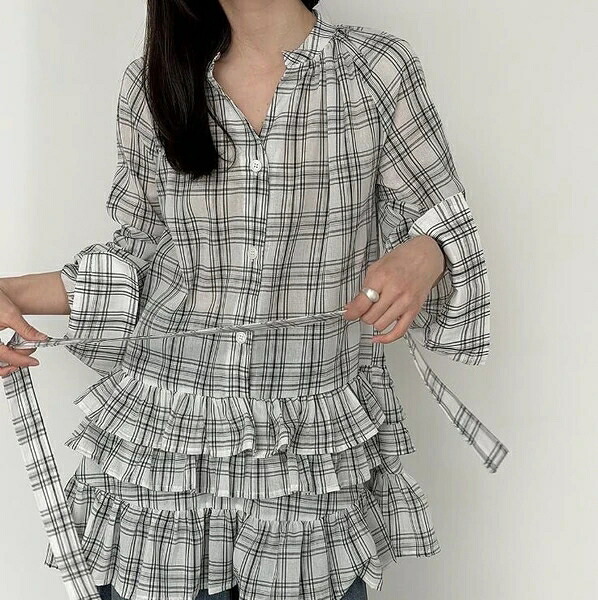 トップス レディース Tシャツ Vカラー 2色 チエック 長袖 フレア 韓国風 春夏新作 商品説明UX0112トップス｜ドレミファソラ・ねこ