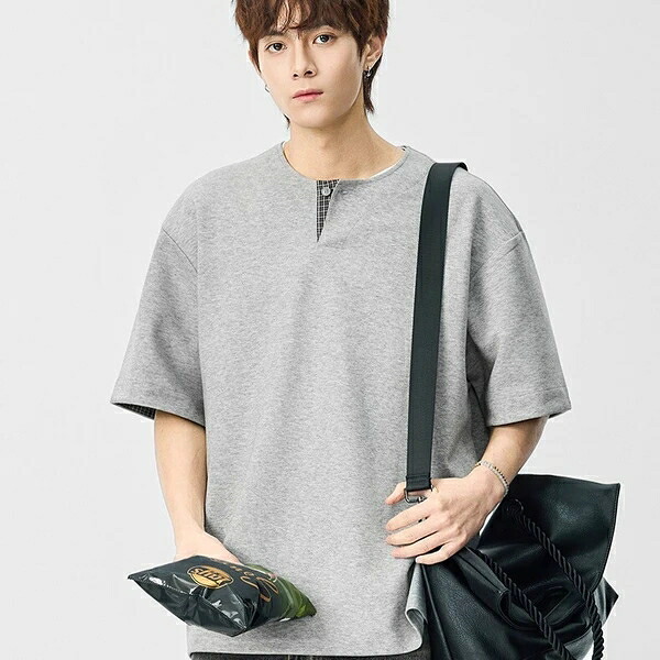 春夏新作 メンズ トップス Tシャツ ヘンリーネック 通勤 半袖 レトロ カジュアル 韓国風|ドレミファソラ・ねこ