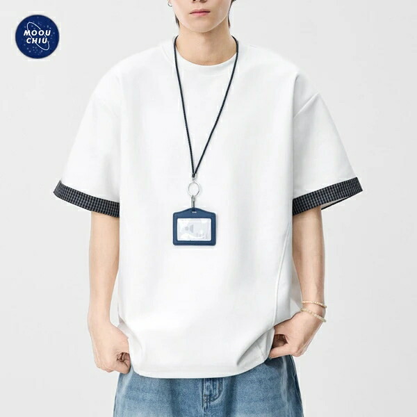 春夏新作 メンズ トップス Tシャツ スプライス チェック 半袖 レトロ カジュアル 韓国風 ヘビーウェイト マンバコットン チェック柄 バイカラー 切り替え ルーズフィット アメリカンカジュアル おしゃれ 着心地 シルエット 肉厚 肌触り|ドレミファソラ・ねこ