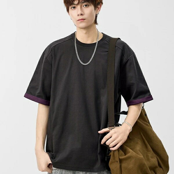 春夏新作 メンズ トップス Tシャツ シボ感 半袖 レトロ ゆったり カジュアル 欧米風 2トーン アメリカンスタイル 大きいサイズ 体型カバー トレンド クール おしゃれ グレー パープル コットン ポリエステル|ドレミファソラ・ねこ
