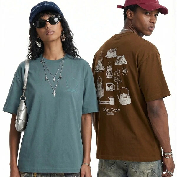 メンズ トップス Tシャツ 半袖 カジュアル プリント ヴィンテージ 欧米風 2色 春夏新作 山岳デザイン アメリカンストリート ストリートコーデ レトロ 厚板プリント 立体感 着心地 96%コットン 4%ポリエステル ブラウン ブルー|ドレミファソラ・ねこ