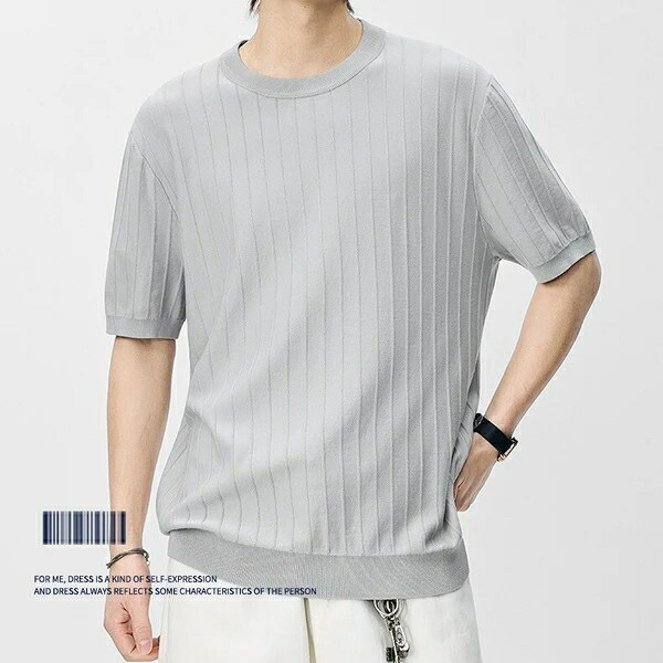 春夏新作 Tシャツ メンズ クルーネック ニット ストライプ 半袖 トップス ケーブル編み リブ編み 立体感 縦長効果 上質素材 肌触り 快適 着心地 カジュアル デイリー お出かけ ミックススタイル レーヨン ナイロン|ドレミファソラ・ねこ