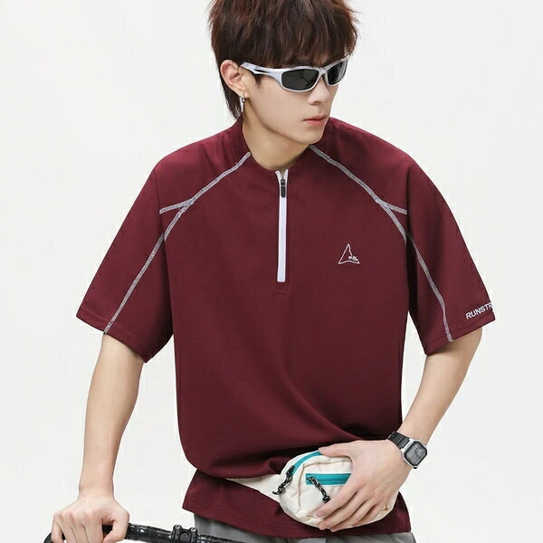 春夏新作 メンズ トップス Tシャツ 半袖 涼感 通気 アウトド ファスナー スポーツ 韓国風 大人Tシャツ きれいめカジュアル オールドマネー風 高級感 配色刺繍 体型カバー 夏服 涼しい 快適 おしゃれ メンズファッション 韓国スタイル シンプル 上品 スポーティ｜ドレミファソラ・ねこ