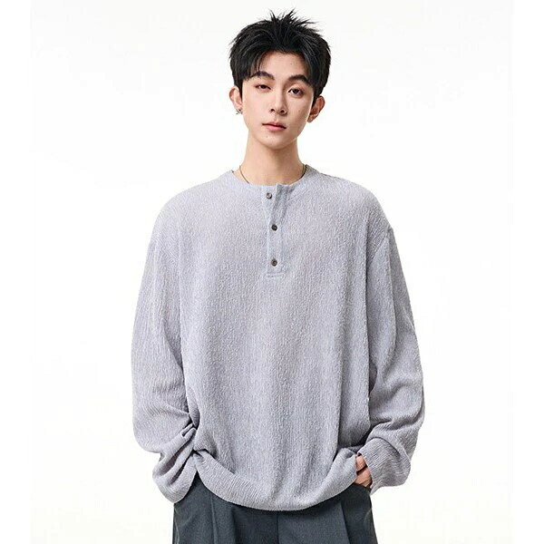 春新作 メンズ Tシャツ トップス ヘンリーネック 長袖 ヴィンテージ ゆったり 韓国風 おしゃれ カジュアル ストリート アメカジ 大人 きれいめ 爽やか 清楚 シンプル ベーシック 無地 快適 動きやすい 柔らかい 肌触り良い ニット|ドレミファソラ・ねこ