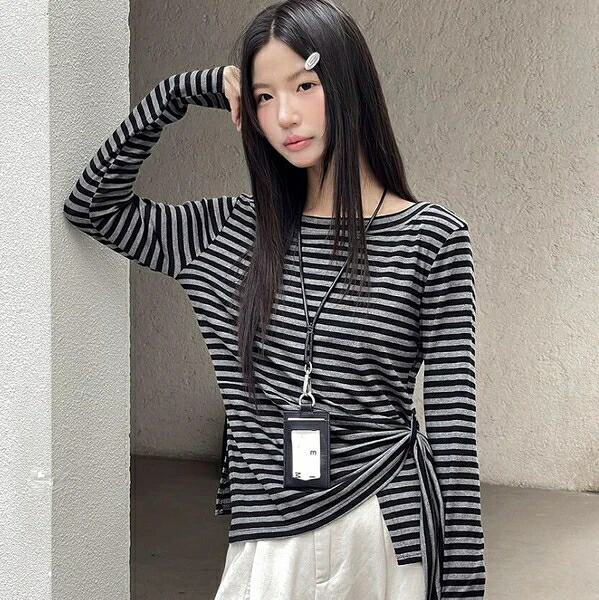 トップス レディース Tシャツ プルオーバー 長袖 不規則 ボーダー デザイン 韓国風 夏秋新作｜ドレミファソラ・ねこ