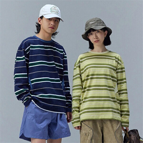 メンズ 男 春夏新作トップス ストライプ Tシャツ通気 韓国風 長袖 ラウンドネック｜ドレミファソラ・ねこ