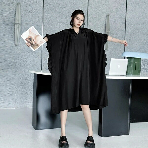 トップス レディース ワンピース Vカラー ゆったり カジュアル ドルマンスリーブ 春夏新作|ドレミファソラ・ねこ
