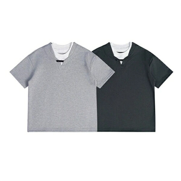 仮二件 男 春夏新作 半袖 韓国風 無地 ポロシャツ Tシャツ トッブス メンズ ファッション|ドレミファソラ・ねこ