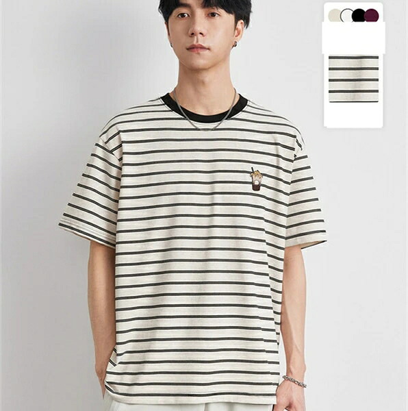 ラウンドネック トッブス メンズ ストライプ 男 春夏新作 半袖 韓国風 Tシャツ|ドレミファソラ・ねこ