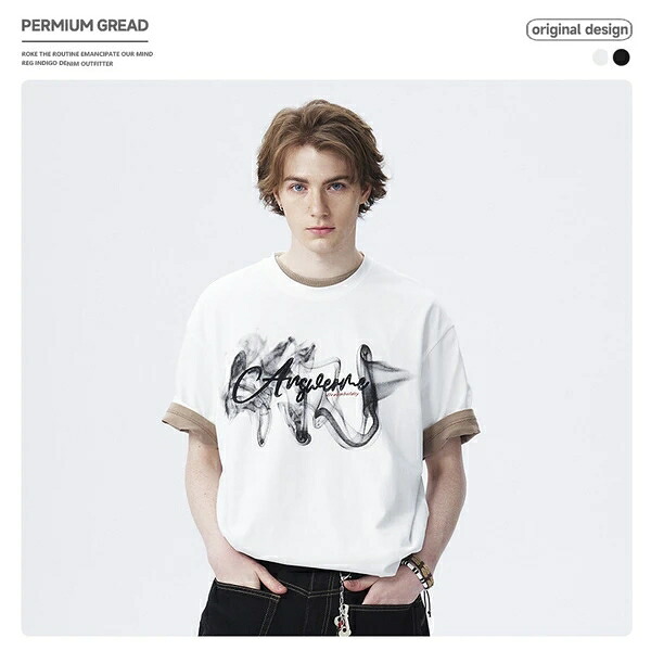 メンズ 春夏新作 半袖 カジュアル トップス ファッション Tシャツ 字母 プリント 韓国風｜ドレミファソラ・ねこ