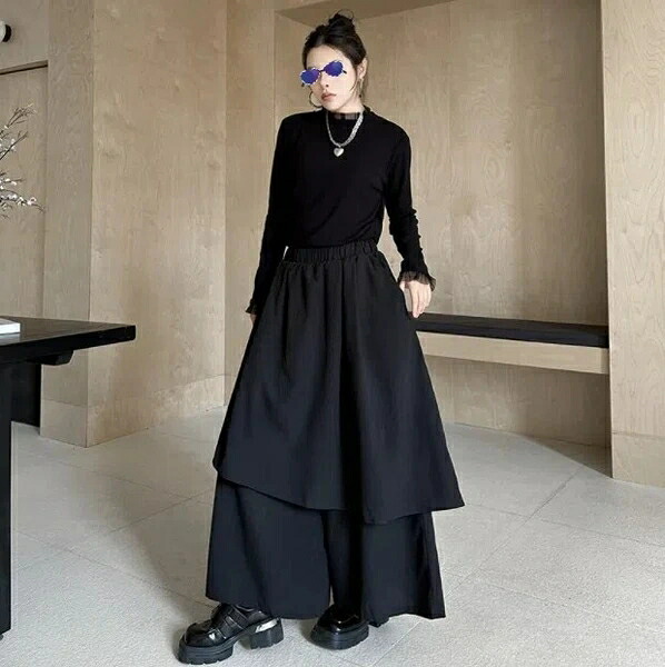 キュロット ワイドパンツ 不規則 春秋 無地 ゆったり 快適 レディース ファッション BQ7064｜ドレミファソラ・ねこ