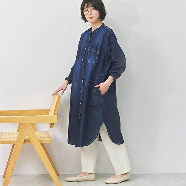 ★デニム シャツワンピース 綿 バンドカラー 羽織り 長袖 ヴィンテージ ゆったり SS【春夏新作】|ドレミファソラ・ねこ