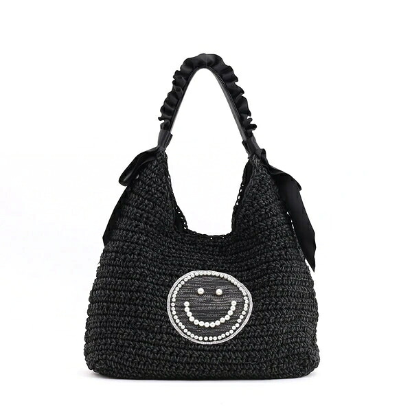 新作【COOCO】SMILEY フリルハンドルxパール刺繍ワンショルダーバッグ サマーバッグ｜ドレミファソラ・ねこ