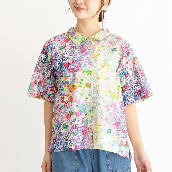 花柄グラデーション衿付5分袖ブラウス(M79627C)｜ドレミファソラ・ねこ