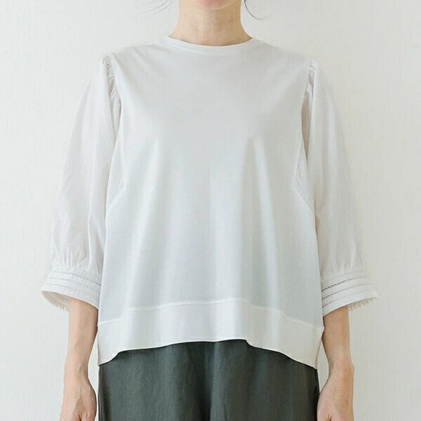 【春夏新作 Crea delice】73915 強撚シルケットスムース 布帛切替パフスリーブ7分袖Tシャツ｜ドレミファソラ・ねこ