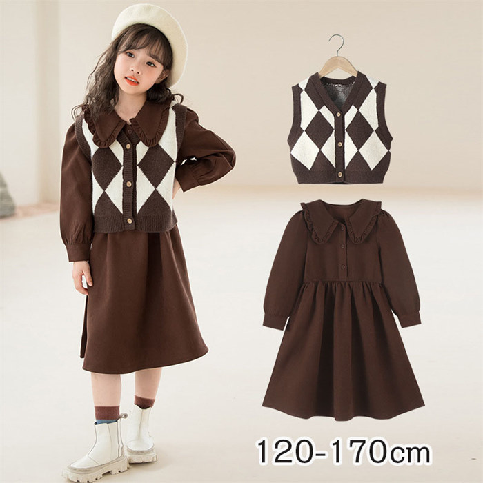 長袖ワンピース ニットベスト付き キッズ 子供 子供服 キッズ服 女の子 秋 秋物 春服 春物 長袖 長袖ワンピース シャツワンピース ワンピ キッズワンピ キッズワンピース スカート フォーマル セレモニー オケージョン 結婚式 発表会 ブラウン レッド