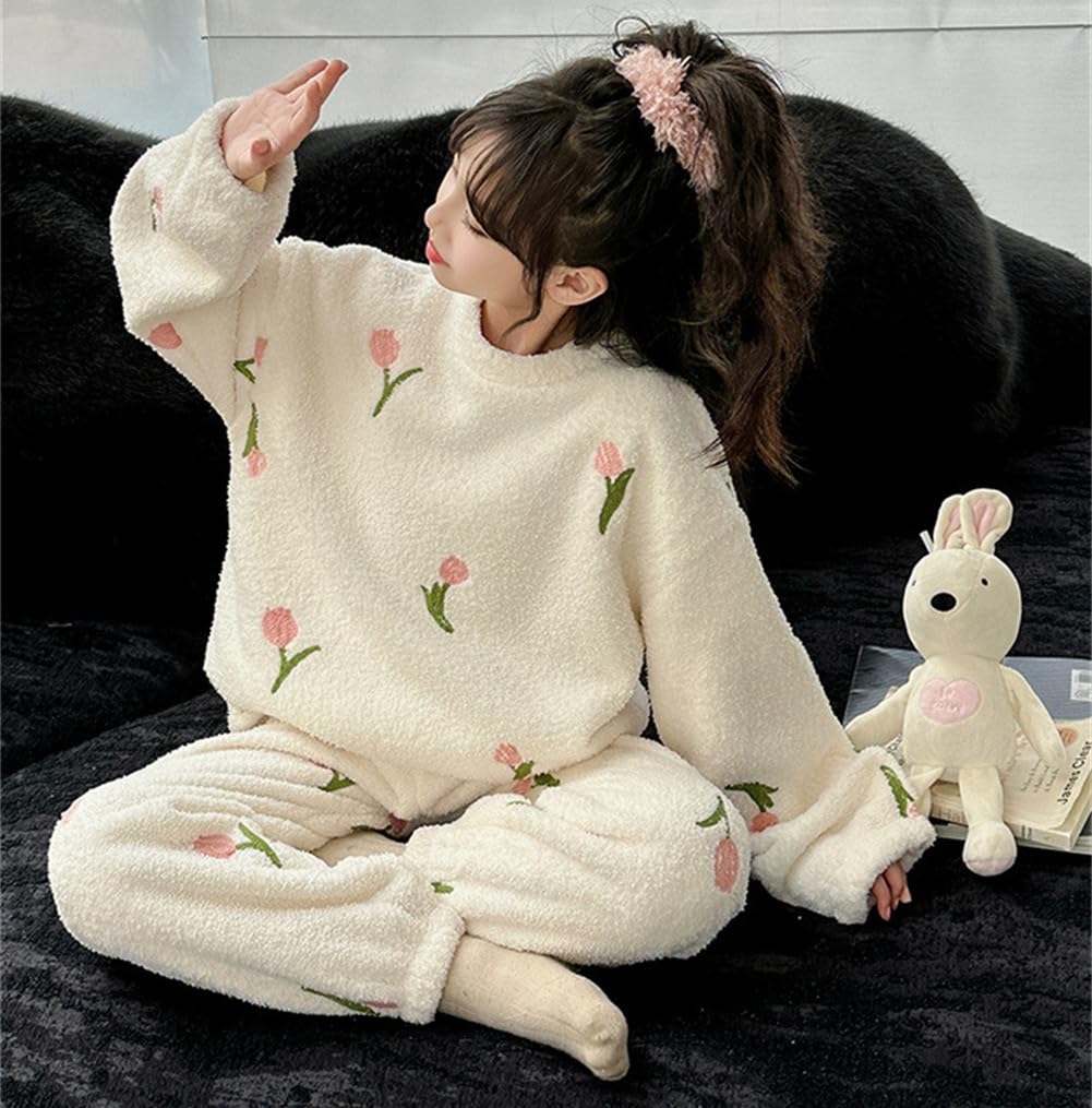 パジャマ ルームウェアセット キッズ 女の子 ２点セット 裏起毛 厚手 暖かい 保温性 花柄 暖かい ナイトウェア もこもこ ゆったり 子供 ガールズ 冬 寝間着