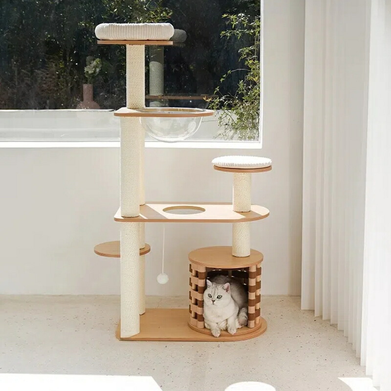 生まれながら木製キャットタワー 猫用練りあわせる遊具 爪研ぎ・寝台・見とおし台付 天然ゴム白木当て嵌める 耐久性威風堂々たる 純一無雑材 省間隔文字心積もり 安全性のあるペンキ塗り 多層式 愛玩動物用調度品