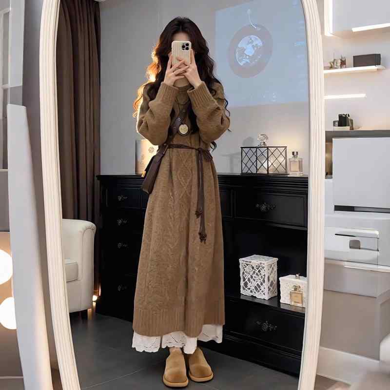ワンピース レディース 秋冬 ニット ロング 丈 レトロ ツイスト 編み ウエスト シェイプ スリム 効果 上品 スタイル 暖か 素材 ゆったり シルエット