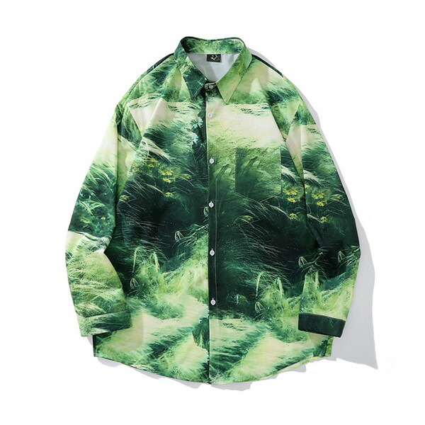 柄シャツ グリーン 緑 草原柄 ボタニカル 植物柄 デジタルプリント フラワー 花柄 黄緑 長袖 長袖シャツ オーバーサイズ 衣装 韓国 大きいサイズ 個性的 秋服 冬服