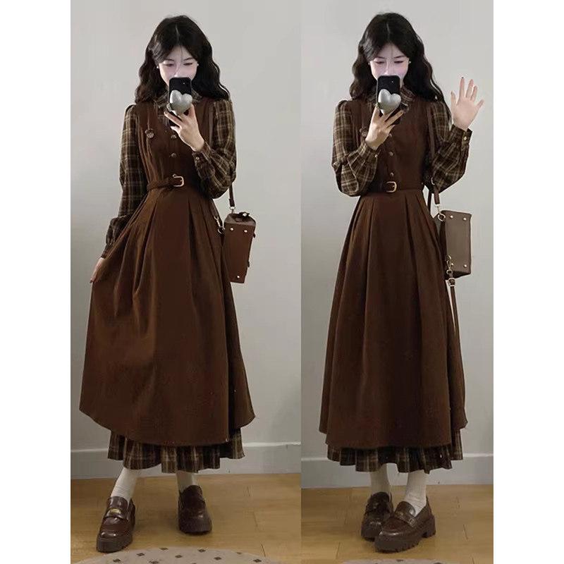 フェイクツーピース ゆったりシ レディース 秋冬 チェック柄 ワンピース ポロカラ ウエストマーク ストレートショルダー 学院風