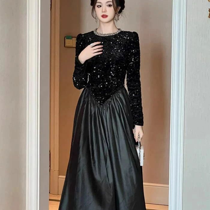 レディース きれいめ 秋 冬 スパンコール ラインストーン 長袖 Aライン ロング ドレス ブラック 黒 可愛い 服 韓国 上品 大きい