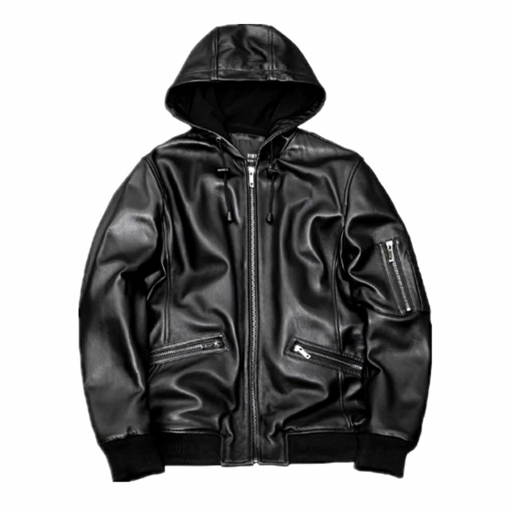 革ジャン ヤギ革 本革ジャケット 本革 羊革ジャケット シープスキン スタジャンタイプ フード付き レザージャケット メンズ 革ジ
