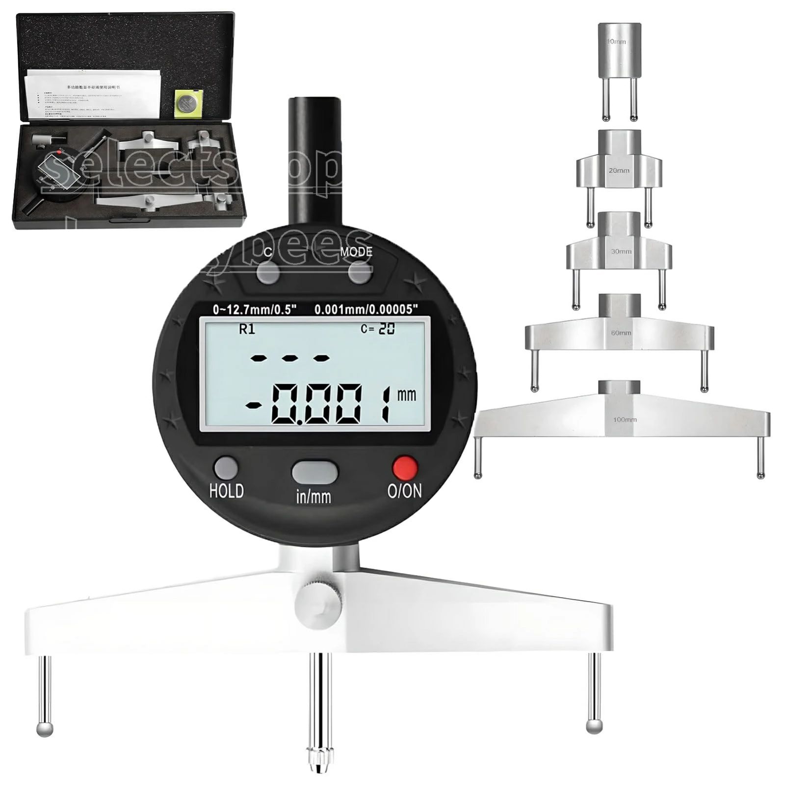 多機能デジタル半径ゲージ、10mm/20mm/30mm/60mm/60mm/100mm測定顎を備えた高精度半径ゲージ、機械部品、木製金型