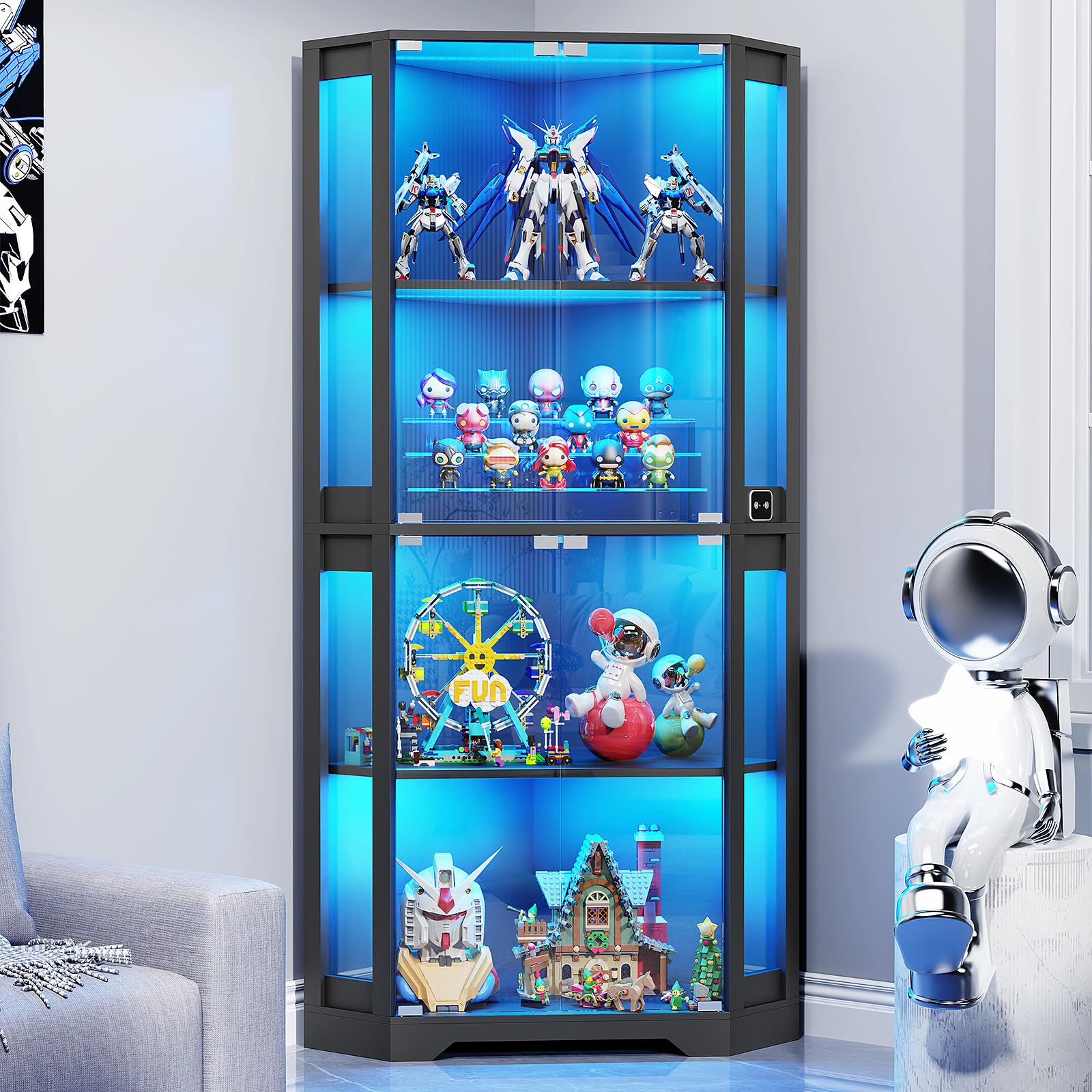 コーナーディスプレイキャビネット ガラスドア付き 65インチ 照明付き キュリオキャビネット 3色LEDライト付き コレクション用 4