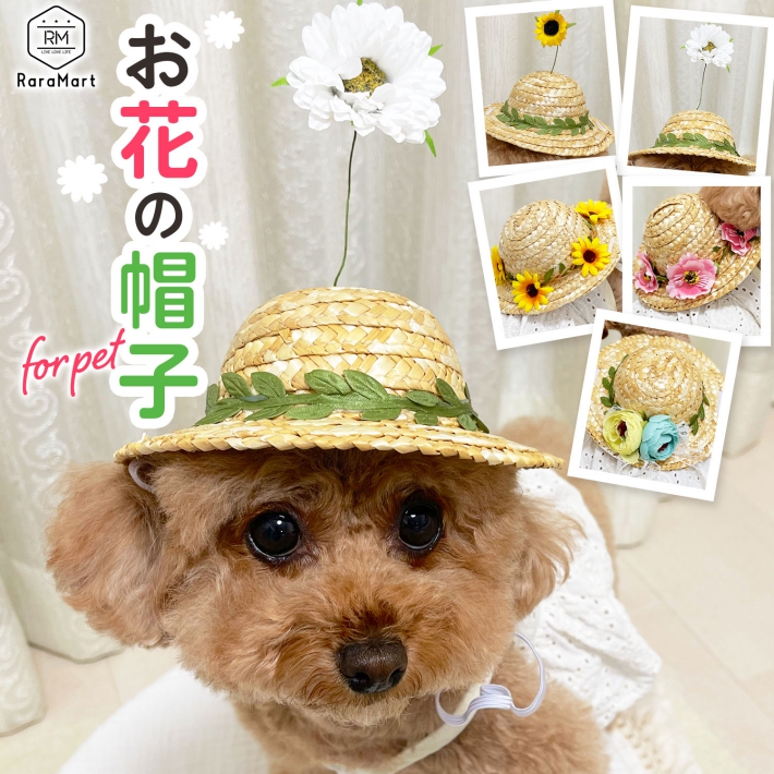 お花の麦わら帽子　3点セット　ペット用 お花の麦わら帽子 3点セット ペット用