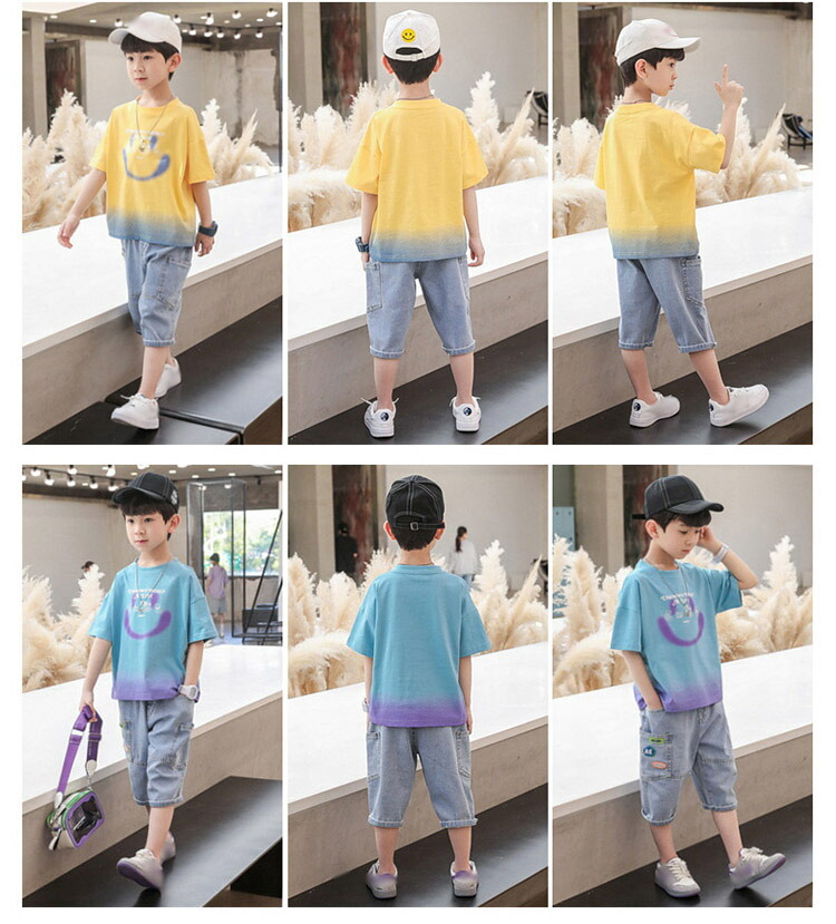 韓国子供服 男の子 2点セット 2色 110cm 1cm 130cm 140cm 150cm 160cm Rsnk カジュアルセットアップ キッズ グラデーション ジャージ上下セット スウェット上下 セットアップ デニムハーフパンツ ファッション 夏服 笑顔プリント 綿 ｔシャツ 人気商品の セットアップ