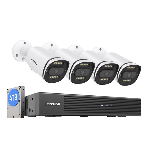 【3年保証・4K画質・フルカラー撮影・双方向音声】H.View防犯カメラ4台セット4K800万画素有線カラー暗視POE給電カメラ8chH.265レコーダー8台まで増設可音声録画AI検知機能IP67防水防塵WDR技術
