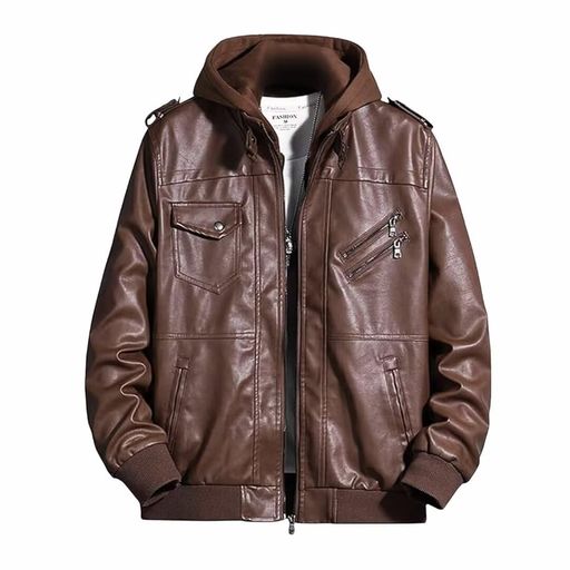 [Kayiyasu] 革ジャン メンズ PUレザージャケット フード付き ゆったり 大きいサイズ S-4L 秋冬春用 ライダース おしゃれ 防風 leather jacket(コーヒー L)｜Raspberry Market