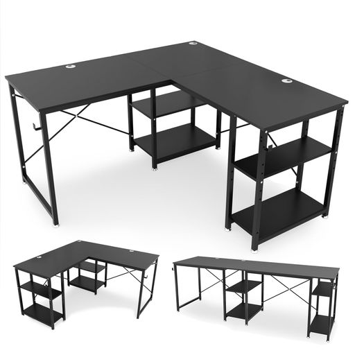DEWEL ゲーミングデスク 幅140cm/220cm 奥行60cm 左右入替え可能 パソコンデスク pcデスク l字デスク l字/一字変換可能 可動棚付 横揺れ&グラつき防止 木製 140X60X75cm/220X60X75cm ブラック｜Raspberry Market