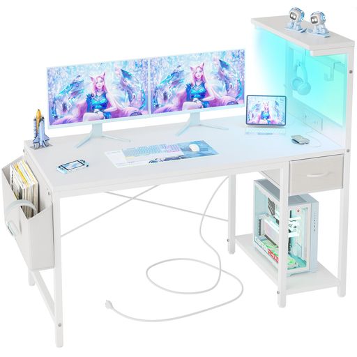 TIQLAB LEDゲーミングデスク 120x50cm 電源コンセント付き パソコンデスク 大型収納棚 引き出し付き 多機能デスク サイドポケット 2つのフック付き 勉強 ゲーム 仕事 在宅勤務用 ホワイト|Raspberry Market