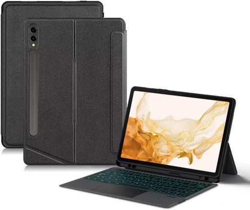 縦/横置き対応TabS7+/S8+/S7FE12.4インチキーボードケースタッチパッドバックライト付きマグネット式ケース分離式TabS7+/S8+/S7FE12.4インチキーボードケース角度を自由に変更ケース磁気吸着